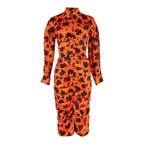 Ganni Ruched Floral-Print Midi Dress in Orange Silk